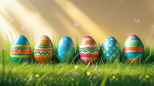 Obraz na płótnie painted easter eggs celebrating a Happy Easter with a calm sunlight and warm colour and green meadow grass w salonie