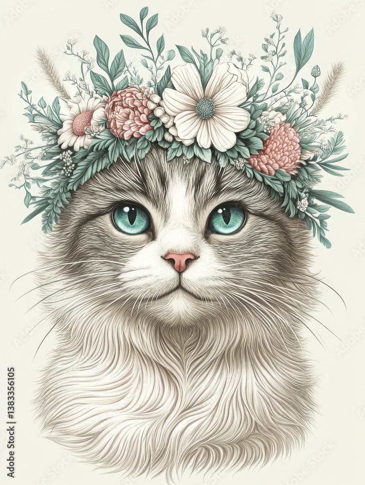 Fototapeta Grayscale Cat with Floral Crown and Bright Blue Eyes Illustration