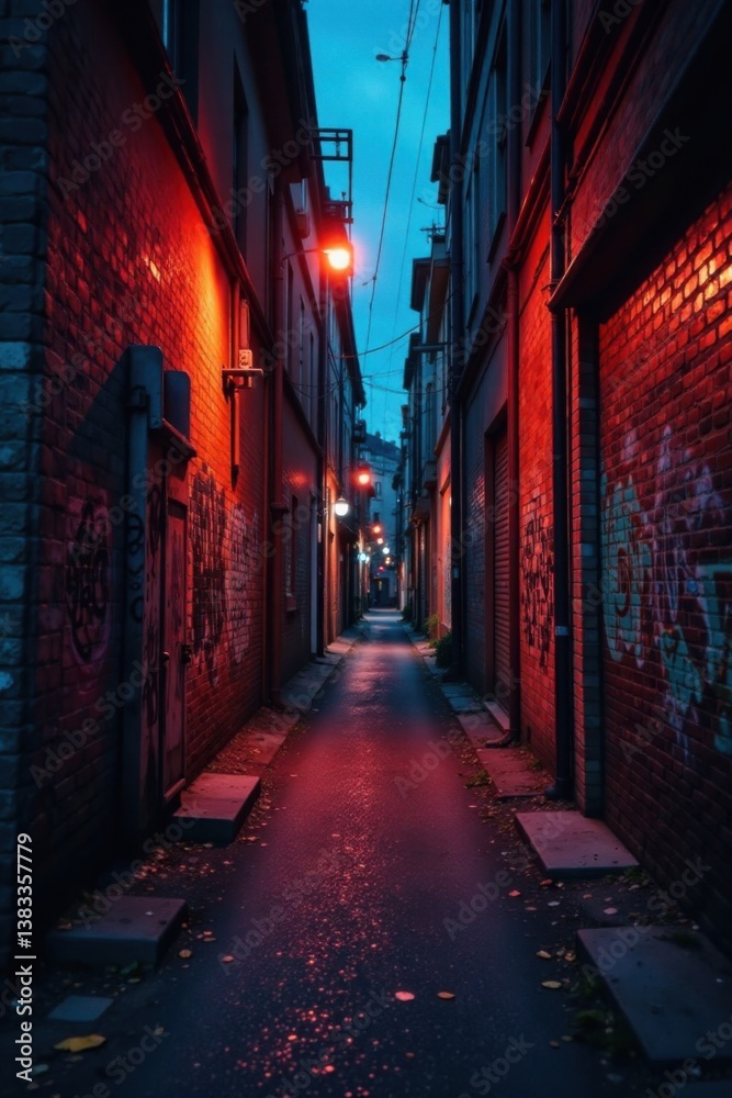 Fototapeta premium Dark urban alleyway with graffiti covered walls and a city street at dusk, shadows, city street, urban