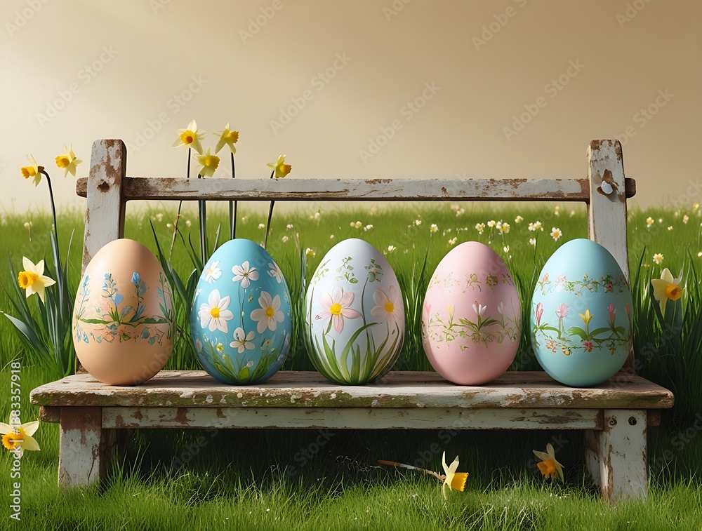 painted easter eggs celebrating a Happy Easter with a calm sunlight and warm colour and rustic wooden bench