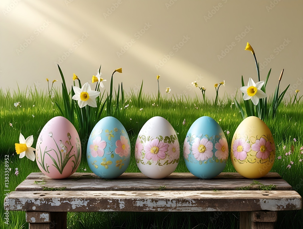 painted easter eggs celebrating a Happy Easter with a alm sunlight and warm colour and green meadow grass