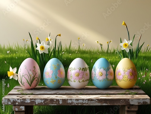 Obraz na płótnie painted easter eggs celebrating a Happy Easter with a alm sunlight and warm colour and green meadow grass w salonie