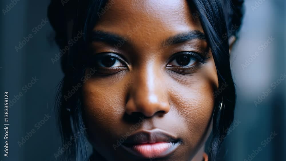 Close-up of a Black young woman with calm expression and detailed skin texture in soft studio lighting Close-up of a Black young woman with calm expression and detailed skin texture in soft studio lighting