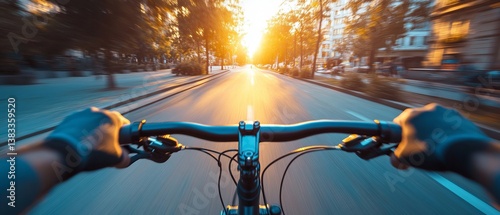 Cyclist Speeds Down City Road at Sunset, Motion Blur Effect Shows Fast Pace, Urban Cycling Background