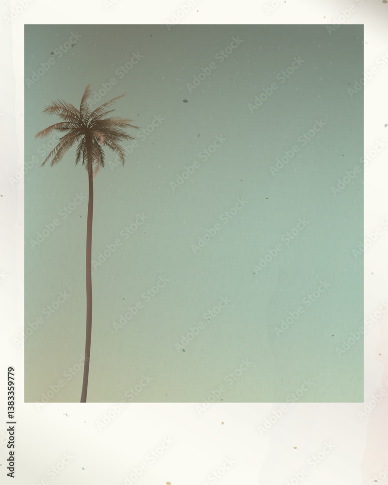Old polaroid photo of lonely coconut palm tree and sky background with stained effect graphic illustration have blank space.