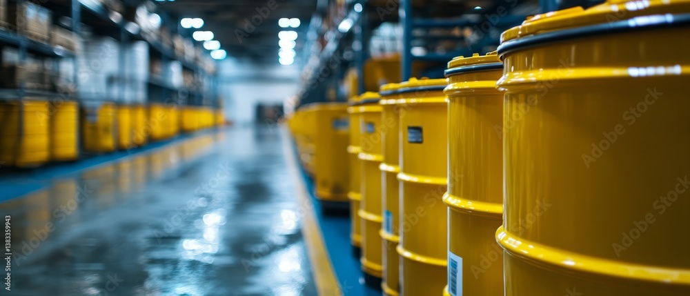 Yellow recycling barrels in industrial warehouse