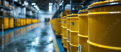 Obraz na płótnie Yellow recycling barrels in industrial warehouse w salonie