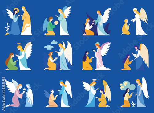 A graceful angel delivering the Annunciation to the Virgin Mary in a serene setting. Annunciation, religion, bible, christianity concept.