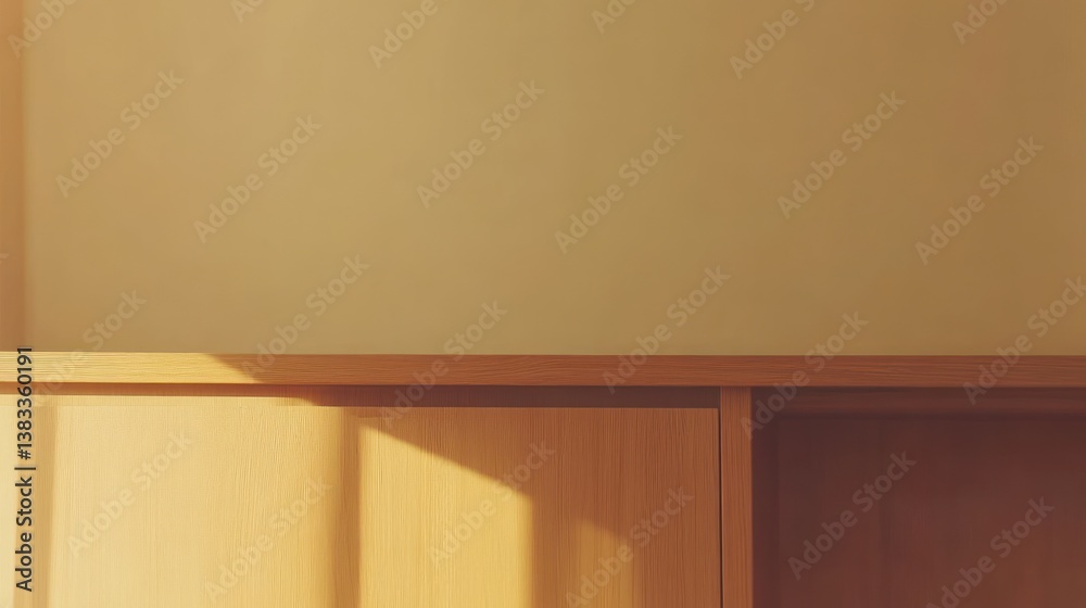 Fototapeta premium Sunlight illuminating a light brown wooden cabinet against a beige wall.