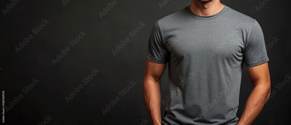Mockup of a standard size gray t-shirt front and back on a model.
