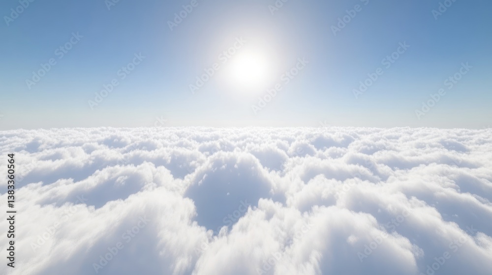 Naklejka premium Above the clouds, sun shining brightly on a sea of fluffy white cumulus clouds.