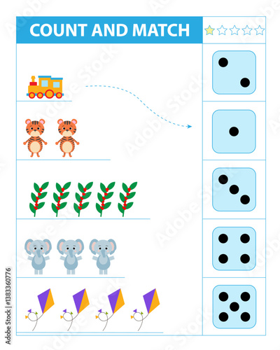 Count and match objects with tiger, elephant. Numbers 1-5.