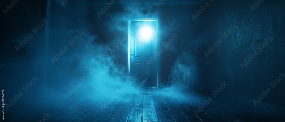 A brightly lit doorway stands ajar at the end of a darkened corridor. Eerie fog swirls around the floor, creating a mystical atmosphere in a quiet, haunting setting