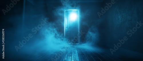 Obraz na płótnie A brightly lit doorway stands ajar at the end of a darkened corridor. Eerie fog swirls around the floor, creating a mystical atmosphere in a quiet, haunting setting w salonie