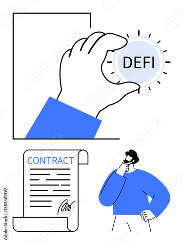 Hand holding decentralized finance coin with contract and signed agreement. Thoughtful man explores terms, finances, digital economy. Ideal for finance, blockchain, crypto, decision-making