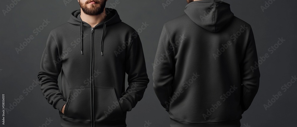 Black zip up hoodie mockup front and back view casual wear comfortable style unisex sweatshirt design