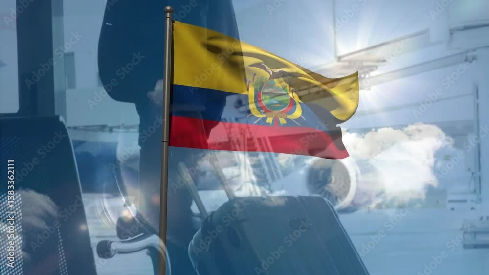 Ecuadorian flag waving with airplane in sky, symbolizing travel and aviation