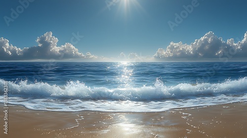 Ocean Tranquility: A mesmerizing seascape unfolds, showcasing the interplay of sun-kissed waves caressing a sandy shore under a vast, cloud-dappled sky. 