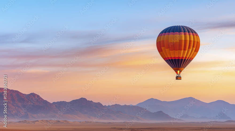 Obraz premium colorful hot air balloon floats above serene landscape at sunset, creating peaceful and picturesque scene