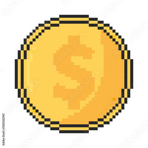 Coin icon. Pixel art object in 8 bit style. Isolated vector illustration.