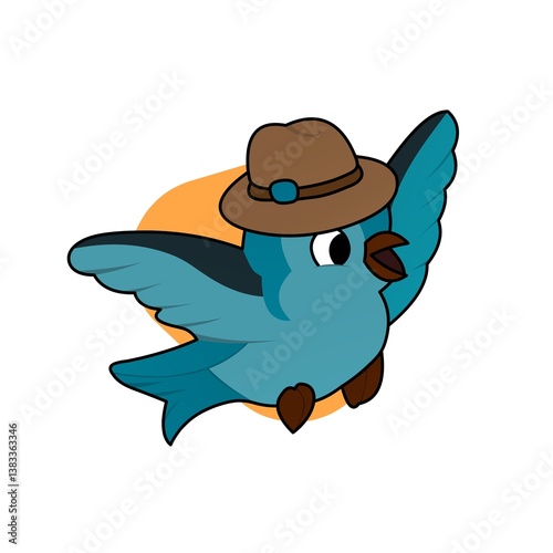 Blue Bird Wearing a Hat Cartoon, Cute Funny Character, Flat Design