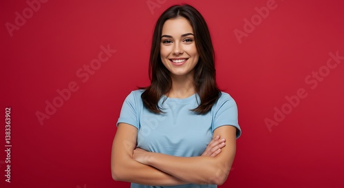 Happy Woman, Arms Crossed, Red Background AI Generated