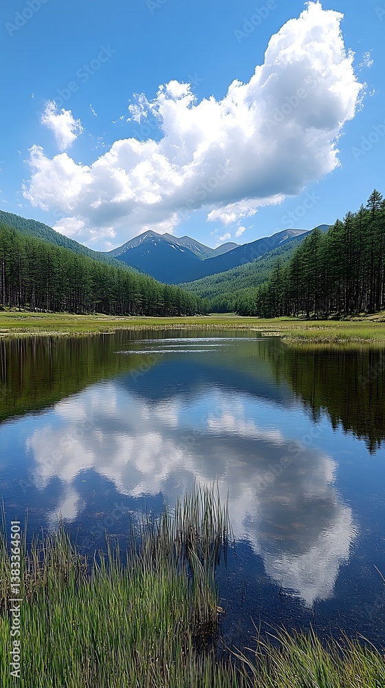 Serene lake scene perfectly reflecting the bright blue sky above Serene lake scene perfectly reflecting the bright blue sky above