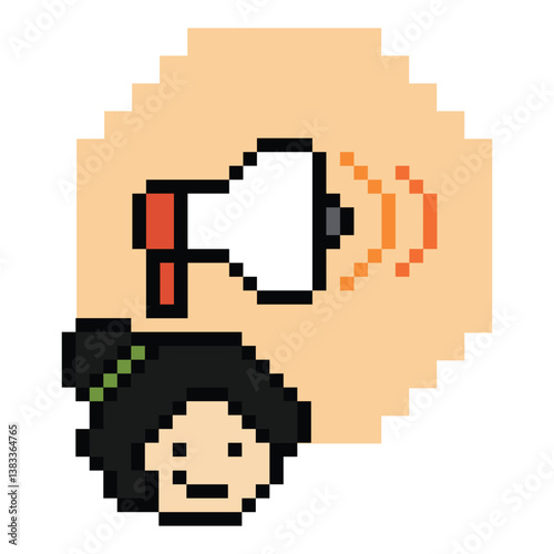 Cute pixel cartoon character woman with megaphone announcement speaker information announce decoration 8 bit female girl lady megaphone cartoon pixel game png vector.