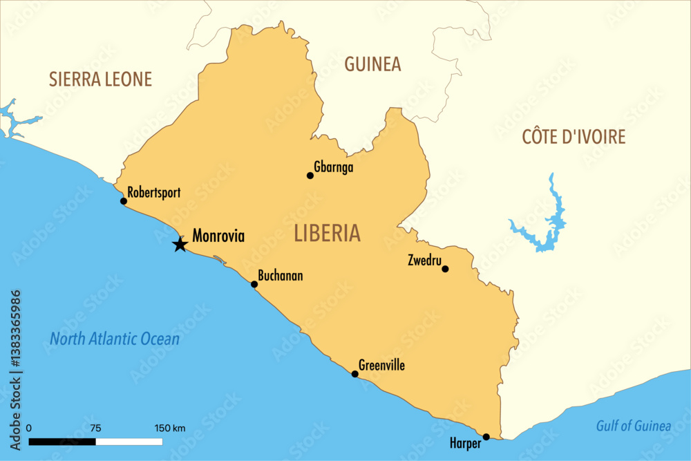 Naklejka premium Vector Map of Liberia with Major Cities and Neighboring Countries – Editable Illustration