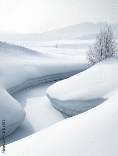 Serene snowy landscape with soft curves and delicate shadows in a tranquil winter setting