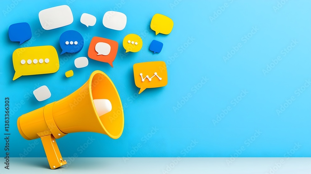 Dynamic and playful megaphone with vivid speech bubbles floating upward symbolizing the power of voice and communication in digital marketing branding and campaign management