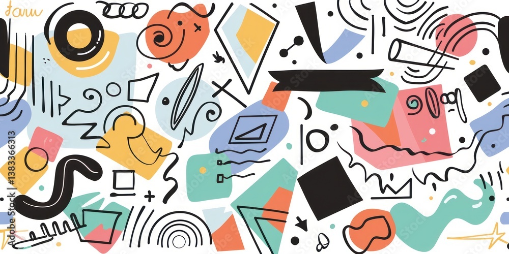 Obraz premium Abstract shapes colourful doodles black outline simple shape minimal style flat illustration elements cute cartoon.