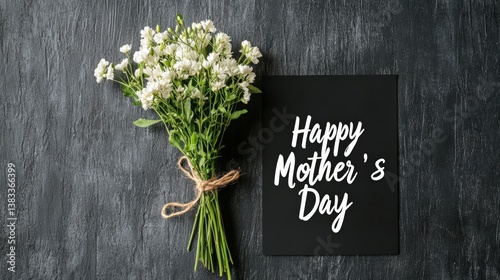 Elegant hand-lettered happy mother's day card with white flowers on chalkboard background