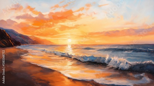 Beautiful depiction of a stunning ocean sunset painted on canvas