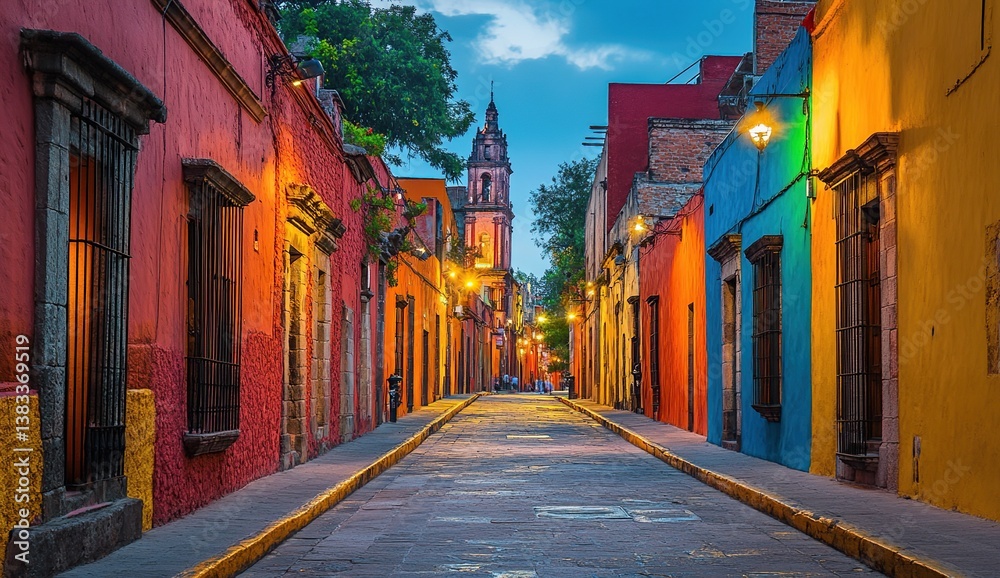 Obraz premium Vibrant Street, Colorful Buildings, Nighttime Illumination, Cobblestone Road, Historic Architecture, Evening Ambiance, Twilight Scenery, Cityscape Beauty, Architectural Details, Urban Exploration