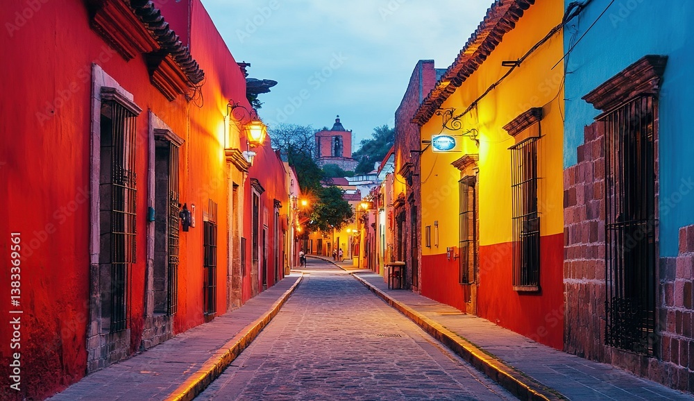 Fototapeta premium Vibrant Colorful Street at Dusk: Architecture, Cobblestone Road, and Twilight Beauty, Illuminating Cityscape, Charming Old Town