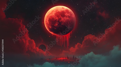 Red moon bleeds over a floating city