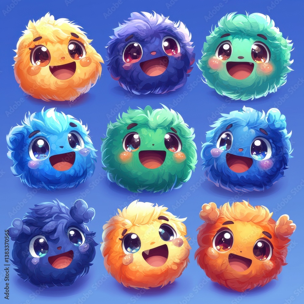 Fototapeta premium Colorful, fluffy characters with expressive faces arranged in a grid, showcasing a variety of emotions and vibrant colors.