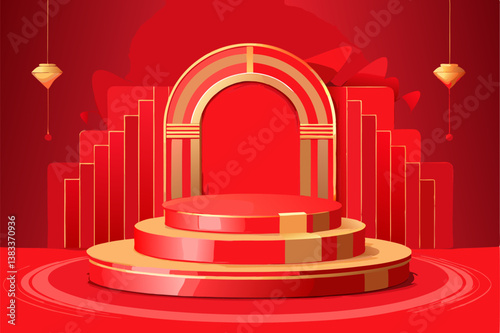 Realistic 3D Red Product Podium on Red Background