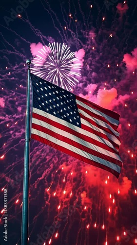 Fireworks explode behind waving American flag. 4th of July celebration