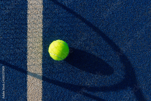 Close-up of Tennis Ball on blue/green synthetic court with shadow of tennis racket
