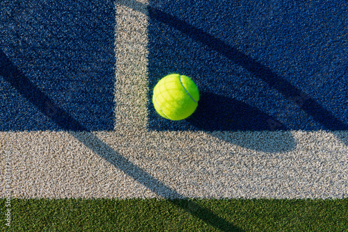 Close-up of Tennis Ball on blue/green synthetic court with shadow of tennis racket