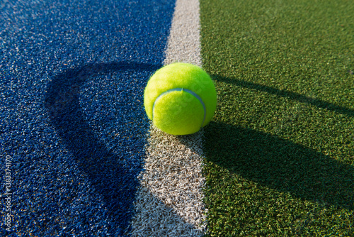 Close-up of Tennis Ball on blue/green synthetic court with shadow of tennis racket