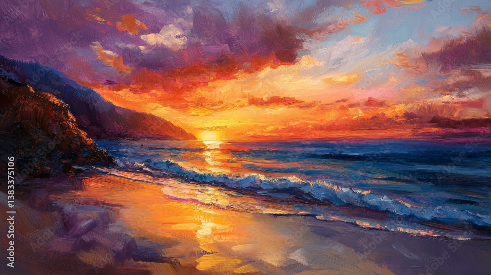 Fototapeta premium A Beautiful Painted Beach Scene at Sunset on the Shoreline