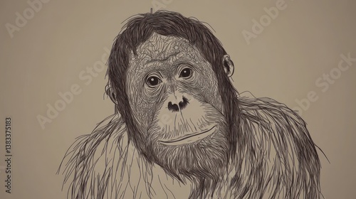 Pen-drawn Orangutan Portrait, sepia tone background photo