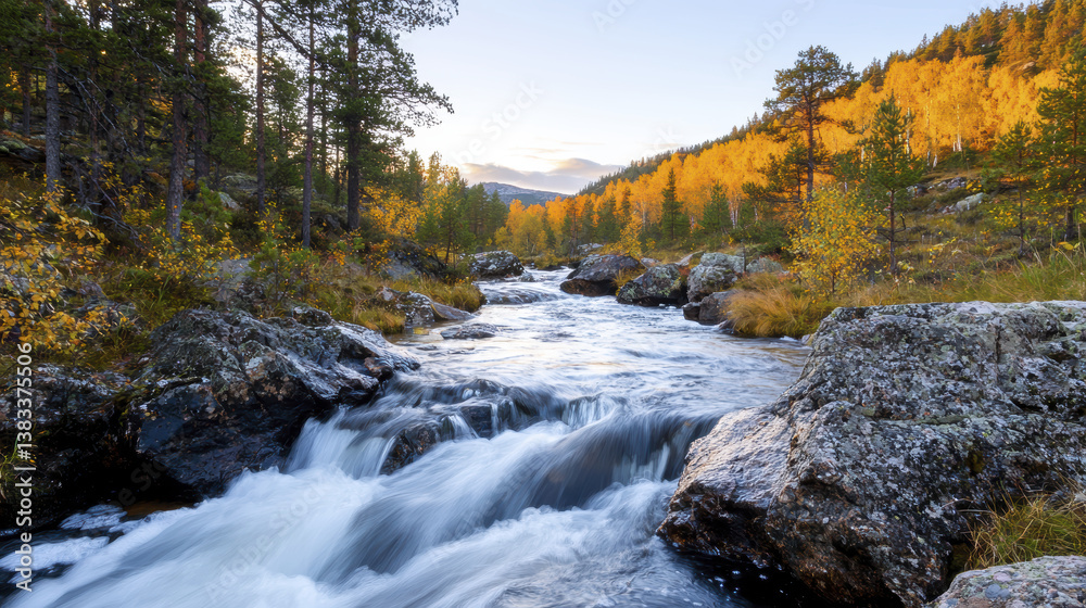 serene river flows through vibrant autumn landscape with golden trees serene river flows through vibrant autumn landscape with golden trees