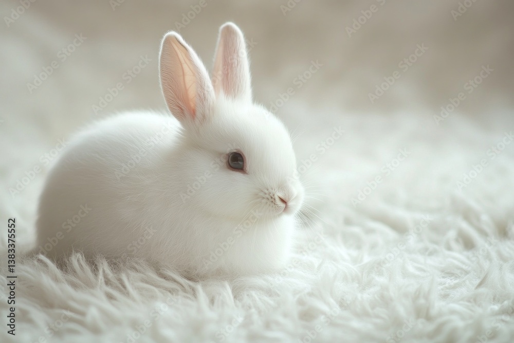 A small white rabbit with fluffy fur calmly sits on a soft carpet, enjoying a serene moment in a cozy indoor setting on a sunny afternoon A small white rabbit with fluffy fur calmly sits on a soft carpet, enjoying a serene moment in a cozy indoor setting on a sunny afternoon