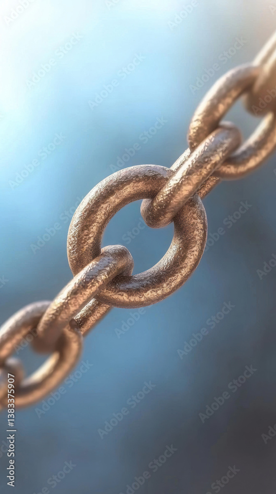 close up of metallic chain link with textured surface, set against blurred blue background, symbolizing strength and connection close up of metallic chain link with textured surface, set against blurred blue background, symbolizing strength and connection