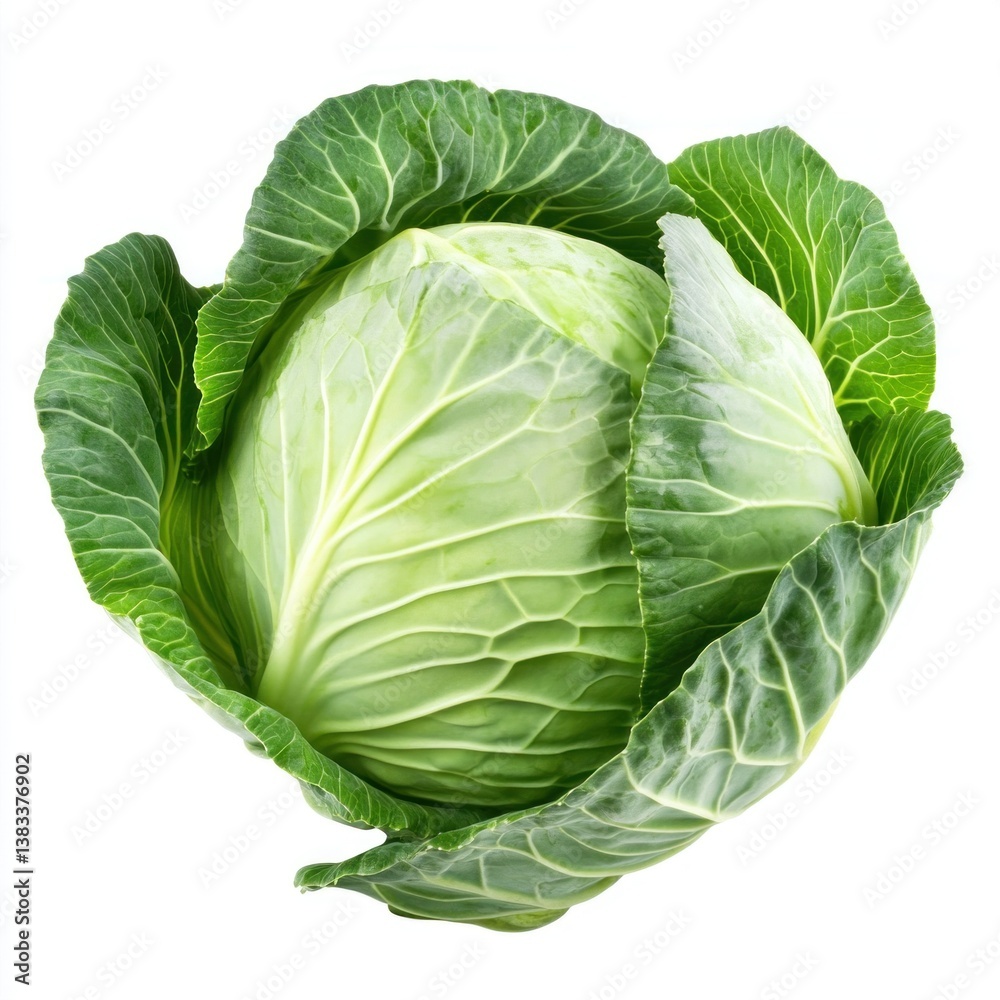 Fototapeta premium Fresh cabbage positioned against a pure white background showcases its crisp leaves and vibrant green color, ideal for culinary dishes