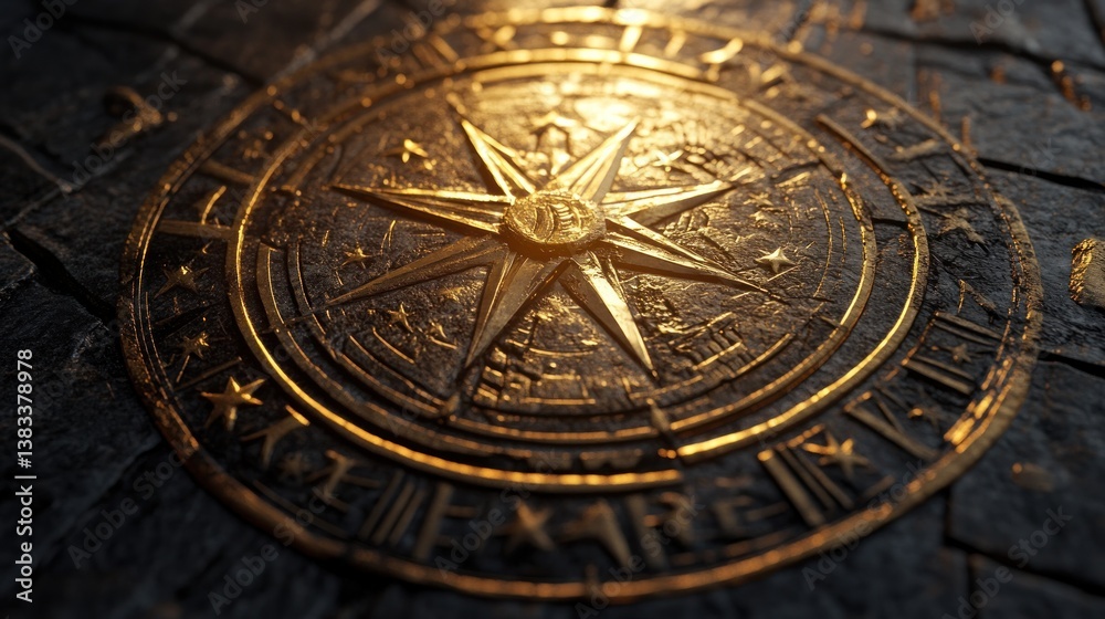 Ancient golden compass etched on dark stone